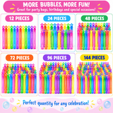 A promotional grid showing six different sizes of rainbow bubble wand sets, ranging from 12 pieces to 144 pieces, with text labels and colorful bubble graphics.