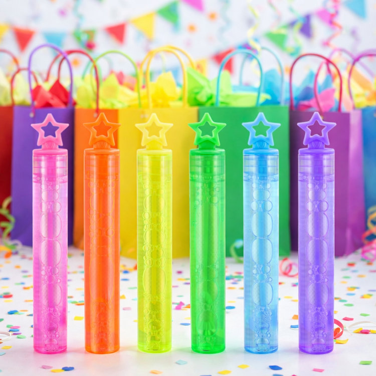 Colorful bubble wands with star-shaped nozzles on a festive background.