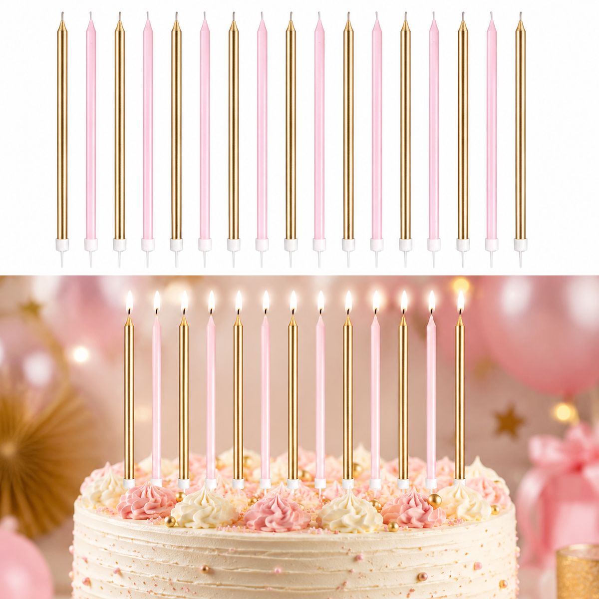 Tall Cake Candle Toppers Gold and Pink Extra Long 18cm Birthday Cake Decoration