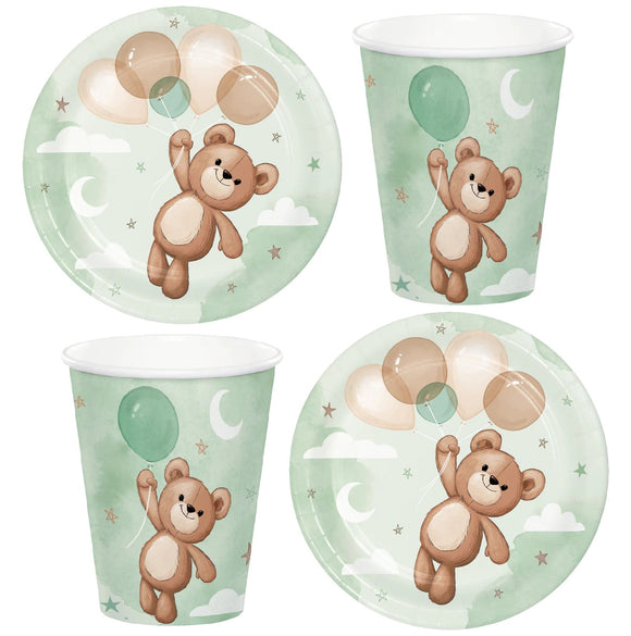 Set of paper plates and cups with teddy bear design on a white background