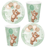 Set of paper plates and cups with teddy bear design on a white background