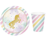Unicorn-themed paper plate and cup with pastel colors on a white background