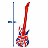 Inflatable guitar with Union Jack design and measurement label on a white background