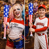 Two people, one in a colorful costume and the other in a baseball uniform, holding American flag-themed bats.
