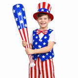 Child in patriotic costume with American flag-themed bat and hat on a white background