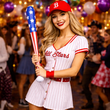Woman in a baseball uniform holding a bat with a festive background