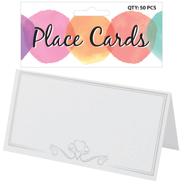 A pack of 50 white folding place cards with a heart pattern, suitable for displaying guest names or table numbers at weddings or dinner parties.