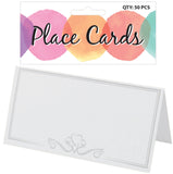 A pack of 50 white folding place cards with a heart pattern, suitable for displaying guest names or table numbers at weddings or dinner parties.
