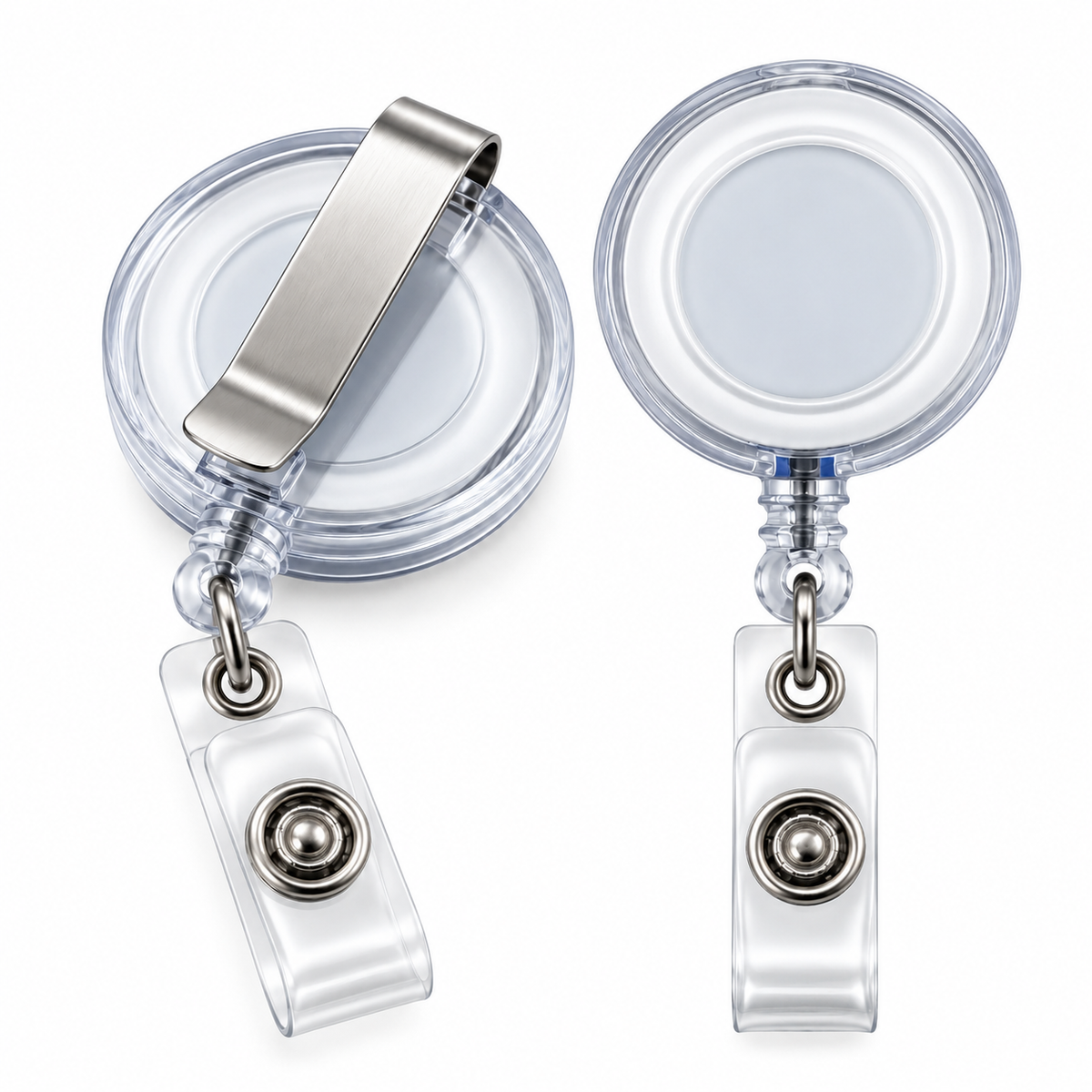 Two clear retractable badge reel lanyards shown on a white background, one from the front and one from the back, featuring a silver metal clip and snap button.