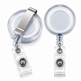 Two clear retractable badge reel lanyards shown on a white background, one from the front and one from the back, featuring a silver metal clip and snap button.