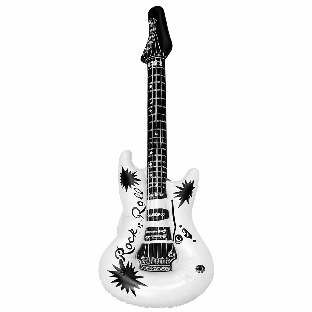 Inflatable electric guitar with 'Rock & Roll' text and star designs on a white background