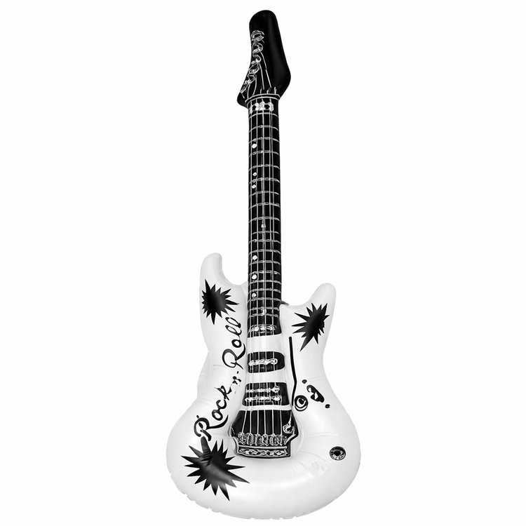 Inflatable electric guitar with 'Rock & Roll' text and star designs on a white background