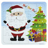 Children's Christmas puzzle with Santa Claus and a tree, featuring the text 'Ho! Ho! Ho!' on a blue background.