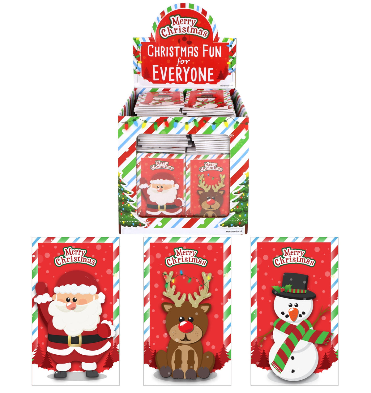 Mini Christmas-themed notebooks with Santa, reindeer, and snowman designs on a white background.