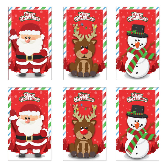 Set of six Christmas-themed notebooks featuring Santa Claus, reindeer, and snowman on a red background with candy cane stripes.