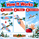 Instructional graphic titled 'How It Works' showing three steps for using a Christmas-themed flying toy airplane: assemble, throw, and watch it glide. A human hand is visible in step 2, and the scene includes snowy trees, holly, and a blue sky background.