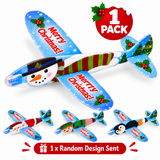 A 1-pack of Christmas-themed toy airplanes with festive holiday designs, including a snowman, Santa, elf, and penguin, on a white background with promotional text overlays.