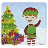Children's puzzle with an elf and Christmas tree design, featuring colorful elements.