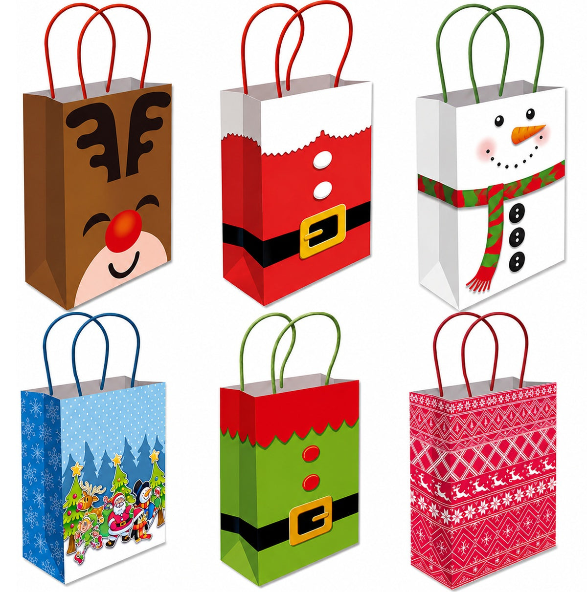 Six Christmas-themed paper gift bags arranged in a 2x3 grid on a white background. The designs include a reindeer, Santa Claus, a snowman, a snowy blue holiday scene, an elf in green, and a red Nordic pattern.