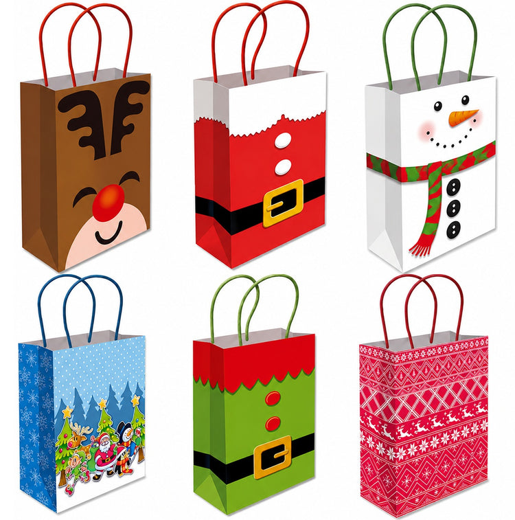 Six Christmas-themed paper gift bags arranged in a 2x3 grid on a white background. The designs include a reindeer, Santa Claus, a snowman, a snowy blue holiday scene, an elf in green, and a red Nordic pattern.