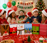 Five children wearing Santa hats sit around a decorated Christmas table with colorful gift bags, holiday decorations, balloons, and a 'Merry Christmas' sign in the background.