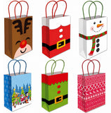 Six Christmas-themed paper gift bags arranged in a 2x3 grid on a white background. The designs include a reindeer, Santa Claus, a snowman, a snowy blue holiday scene, an elf in green, and a red Nordic pattern.