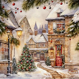 Napkins with a festive winter village scene with snow-covered stone houses, evergreen trees, red ornaments, glowing street lamps, and a red front door, rendered in a soft watercolour or painted style.
