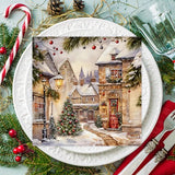 Christmas Napkins Xmas Village scene table decoration on a plate