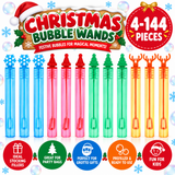 A set of colorful Christmas-themed bubble wands shown in a festive product graphic. The wands come in blue snowflake, pink, red, green, and orange tree and reindeer shapes, with text reading 'Christmas Bubble Wands' and '4-144 Pieces.