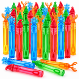 A set of colorful translucent bubble wands shaped like Christmas trees, snowflakes, and reindeer, arranged on a clean white background.