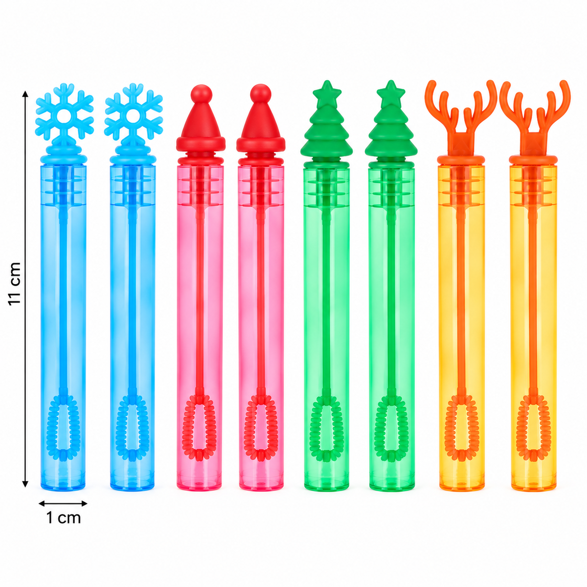 Eight colorful bubble wand tubes with decorative tops are shown on a white background, including blue snowflake, pink and red cone shapes, green Christmas tree shapes, and orange antler shapes. Measurement markings indicate 11 cm tube height and 1 cm wand length.
