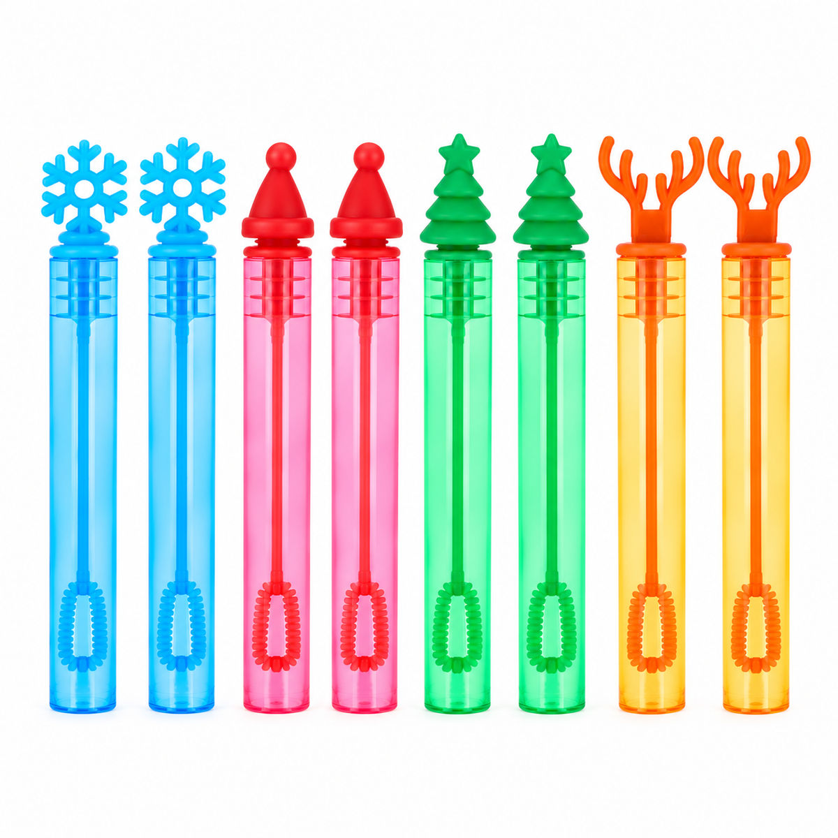 Six colorful bubble wand tubes with festive tops arranged in a row on a white background. The designs include a blue snowflake, a red Santa hat, a pink Santa hat, a green Christmas tree, a green Christmas tree, and an orange reindeer antler.