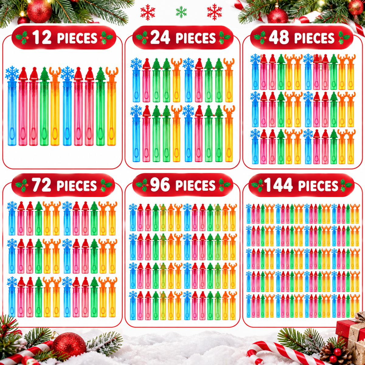 Six panels showing different quantities of colorful Christmas-themed crayons: 12, 24, 48, 72, 96, and 144 pieces. Each panel displays multiple crayons decorated with holiday motifs like snowflakes, reindeer antlers, and pinecones, arranged on a white snowy background with Christmas decorations.