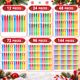 Six panels showing different quantities of colorful Christmas-themed crayons: 12, 24, 48, 72, 96, and 144 pieces. Each panel displays multiple crayons decorated with holiday motifs like snowflakes, reindeer antlers, and pinecones, arranged on a white snowy background with Christmas decorations.