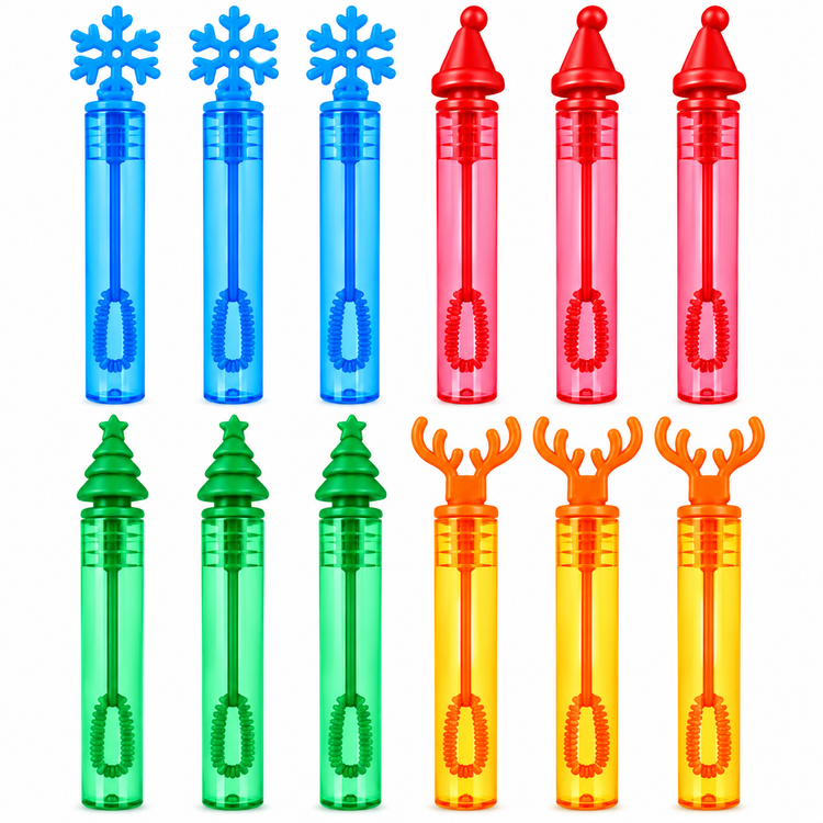 Twelve plastic bubble wands in assorted bright colors, arranged in a grid on a white background. The top row includes blue snowflake, blue cone, red cone, and red Christmas tree wands; the bottom row includes green Christmas tree and green antler wands, alongside orange cone and orange Christmas tree wands.