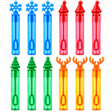 Twelve plastic bubble wands in assorted bright colors, arranged in a grid on a white background. The top row includes blue snowflake, blue cone, red cone, and red Christmas tree wands; the bottom row includes green Christmas tree and green antler wands, alongside orange cone and orange Christmas tree wands.
