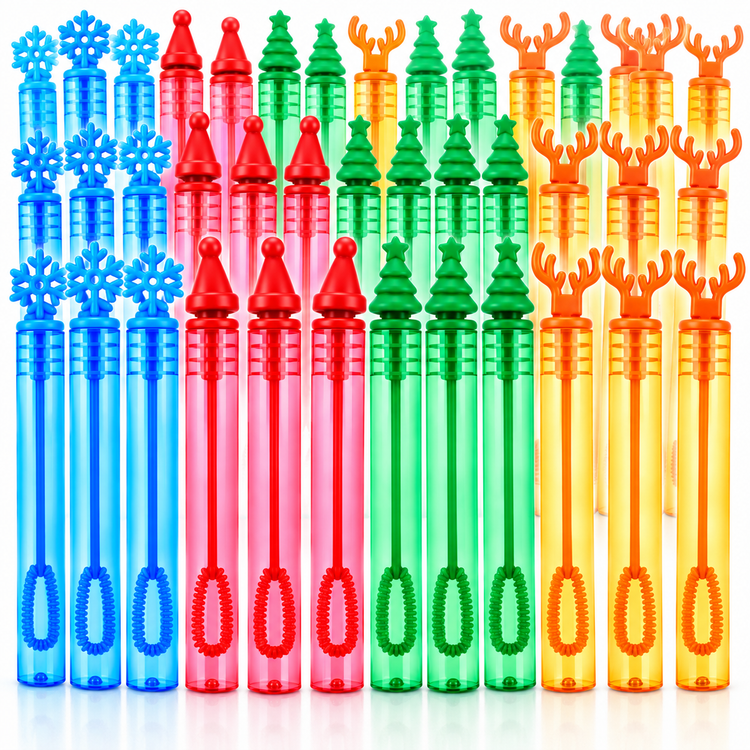 A set of 24 plastic bubble wand tips arranged in rows by color, featuring Christmas tree, snowflake, and reindeer antler designs in blue, red, green, yellow, and orange.