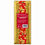 Anniversary House Christmas Cakefrill in a rectangular gold wrapper with red holly leaf patterns and a central red label, shown on a plain white background.
