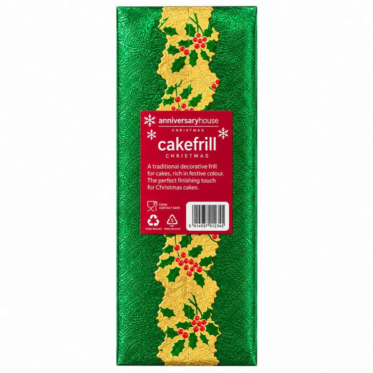 A rectangular package of Anniversary House Cakefrill Christmas cake fill, wrapped in metallic green paper with a gold holly and red berries pattern and a red label in the center.