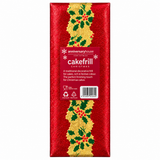 A wrapped cake or pastry package from Anniversary House, featuring a textured red background with two vertical gold foil holly and berry stripes and a central red label reading 'anniversary house cakefrill Christmas'.