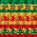 Three horizontal bands of textured Christmas patterned material: green with gold holly and red berries, red with gold holly and red berries, and gold with red holly and green berries.