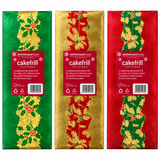 Three wrapped cake fillings from Anniversary House Christmas Cake Fillings, wrapped in textured green, gold, and red paper with a matching holly pattern and a red label.