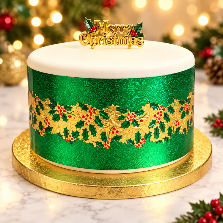 A round Christmas cake with a white top, a textured green body, and a gold holly and berry band around the middle. A gold 'Merry Christmas' topper sits on top, and the cake is displayed on a gold cake board against a festive blurred holiday background.