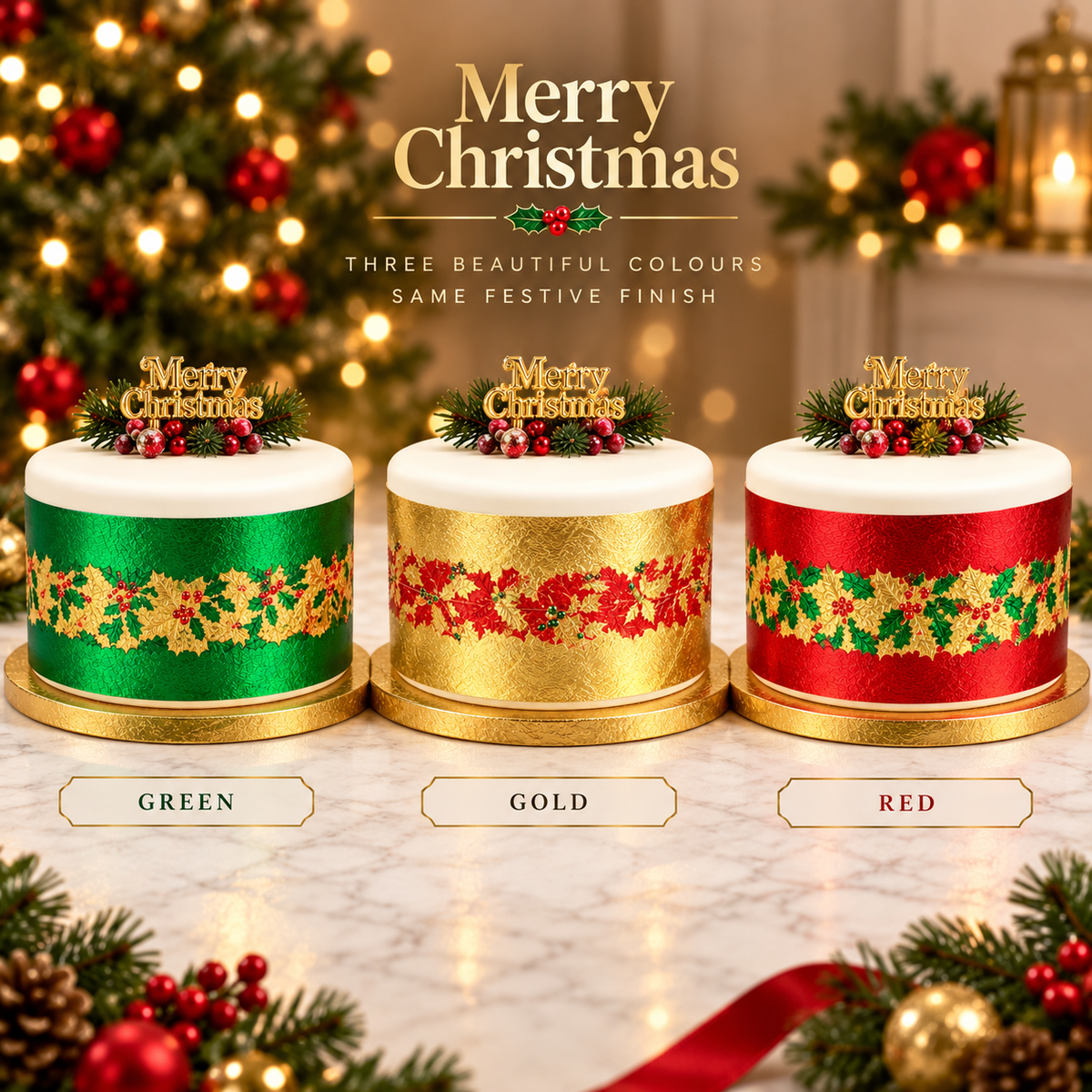 Three decorated Christmas cakes in green, gold, and red with gold holly patterns and gold toppers, displayed on a marble surface with festive lights and pine branches in the background. Text above reads 'Merry Christmas' and labels the colors Green, Gold, and Red.