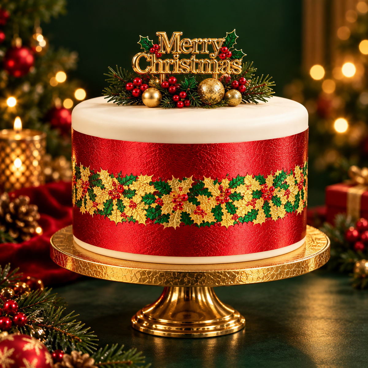 A decorated Christmas cake with white frosting, a wide red band, and a gold and green holly pattern, topped with a gold 'Merry Christmas' topper and greenery, displayed on a gold cake stand in a festive holiday setting.