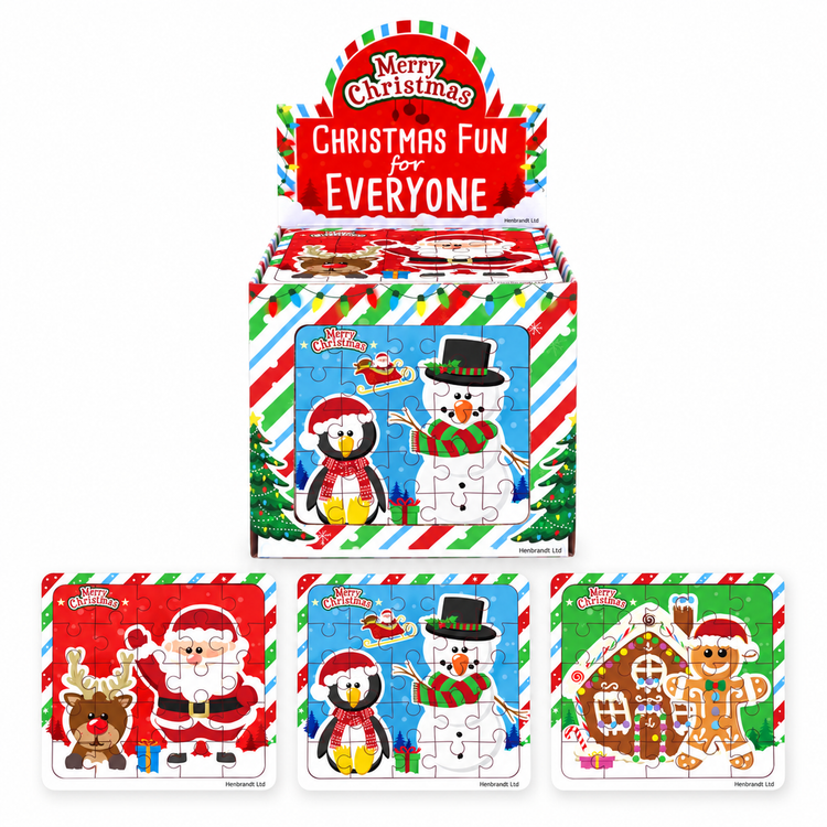 A festive Christmas-themed jigsaw puzzle display box with three smaller sample puzzle images shown below it on a white background. The main box features Santa, a penguin, and a snowman, with the text 'Merry Christmas for Everyone' above it.