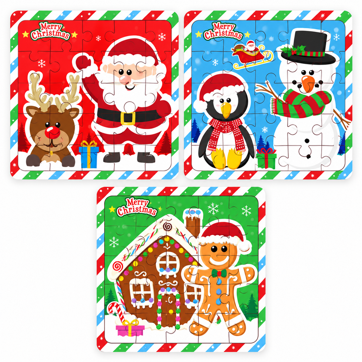 Three Christmas-themed jigsaw puzzle books arranged on a white background. The top-left puzzle shows Santa Claus and a reindeer on a red holiday background.