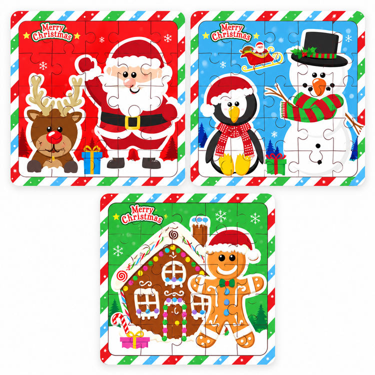 Three Christmas-themed jigsaw puzzle books arranged on a white background. The top-left puzzle shows Santa Claus and a reindeer on a red holiday background.