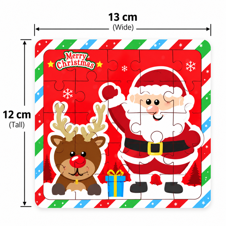 A square jigsaw puzzle featuring a festive Christmas design with Santa Claus and a reindeer, shown with dimension labels indicating 13 cm wide by 12 cm tall on a white background.