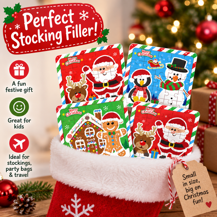Four colorful Christmas stocking fillers featuring festive cartoon illustrations like Santa Claus, a penguin, a snowman, a gingerbread house, and reindeer, displayed in a red Santa sack with a holiday tree and wrapped gifts in the background. Text on the left highlights product benefits, and a tag on the sack says it is small in size, big on Christmas fun!.